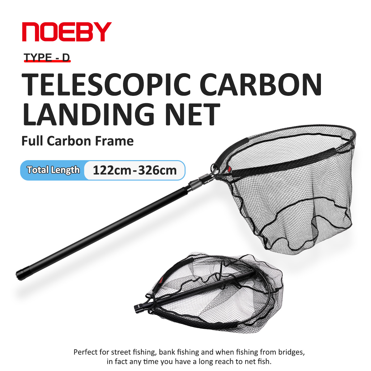 Fish Net Handle - NOEBY ตาข่ายจับปลาแบบยืดหดได้ โครงคาร์บอนเต็มรูปแบบ ตาข่ายตกปลาแบบลอยน้ำ พับได้ ด้ามจับยาว