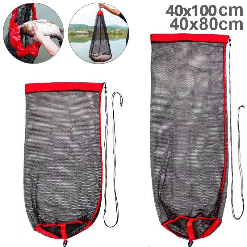 Fish Net Handle - ถุงตาข่ายพับได้แบบพกพาสำหรับจับปลา ตาข่ายหนาสำหรับใส่ปลาเป็นๆ พร้อมปากถุงแบบมัดได้ สำหรับใช้กลางแจ้ง ดักจับปลา กุ้ง/ปลาไหล