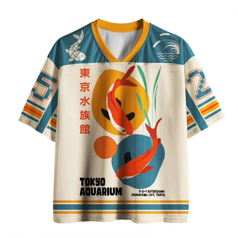 เสื้อยืดแขนสั้นคอวีผ้าตาข่ายลา - Aquarium Fish Japanese บทวิจารณ์และราคา