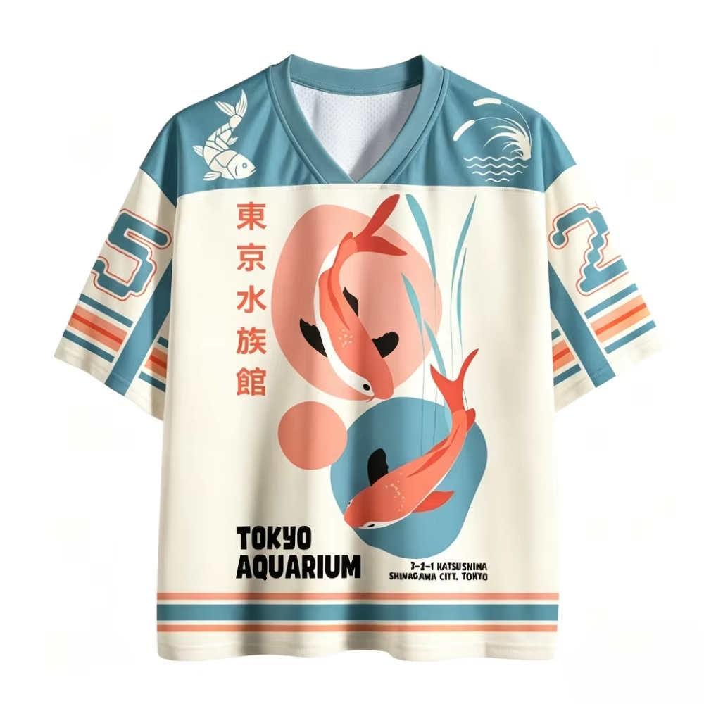 เสื้อยืดแขนสั้นคอวีผ้าตาข่ายลา - Aquarium Fish Japanese บทวิจารณ์และราคา